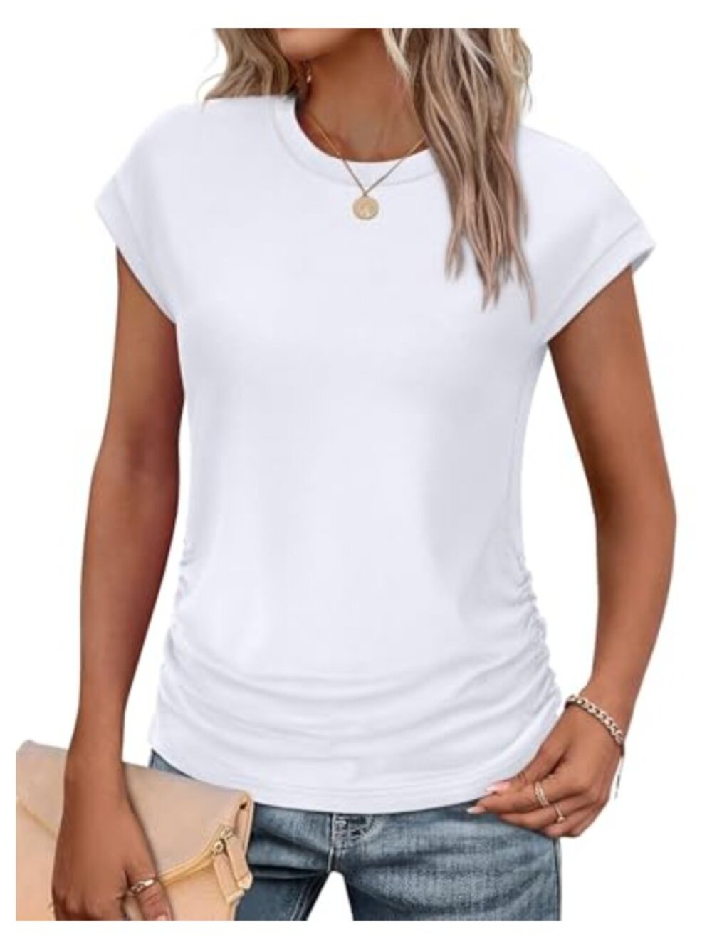 Womens Ruched Side Cap Sleeve Tunic T-Shirt Crew Neck Summer Top